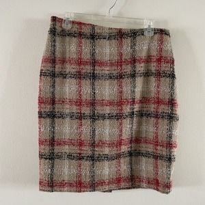 Talbots Wool Pencil Boucle Skirt Size 8‎ Tan Red Black Lined Back Zipper Plaid